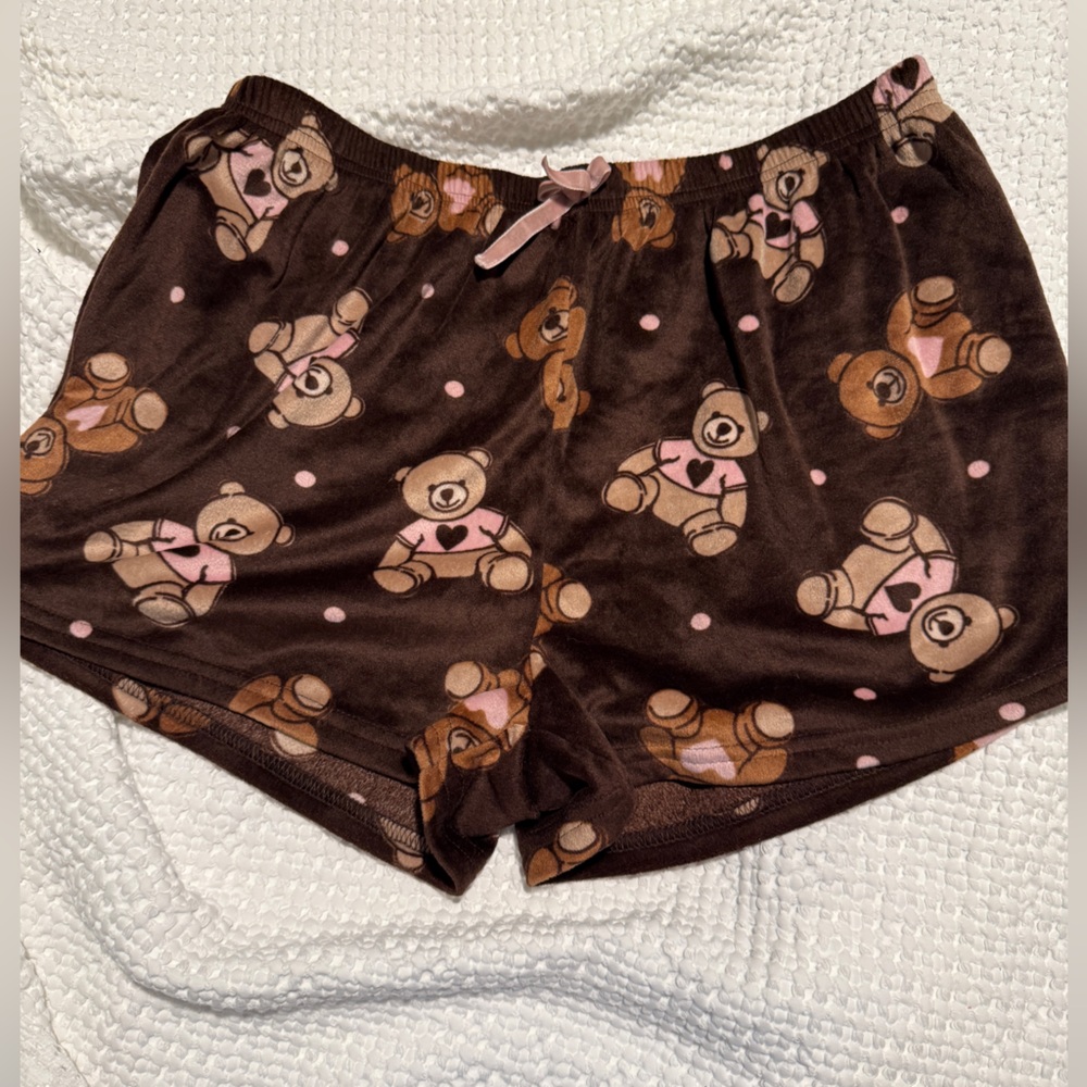 Amazon Women's Brown Teddy Bear Plush Lounge Shorts with Pink Accents